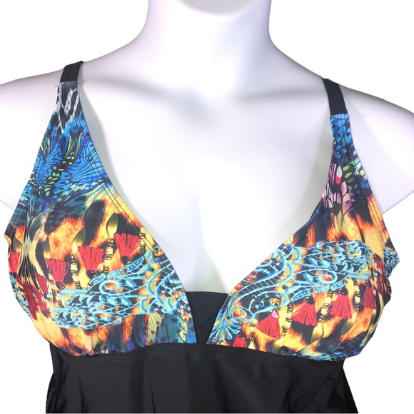 Butterfly Leopard Lace Tassle Bead Printed Tankini TOP ONLY Plus Size 2X XXL - Picture 2 of 6